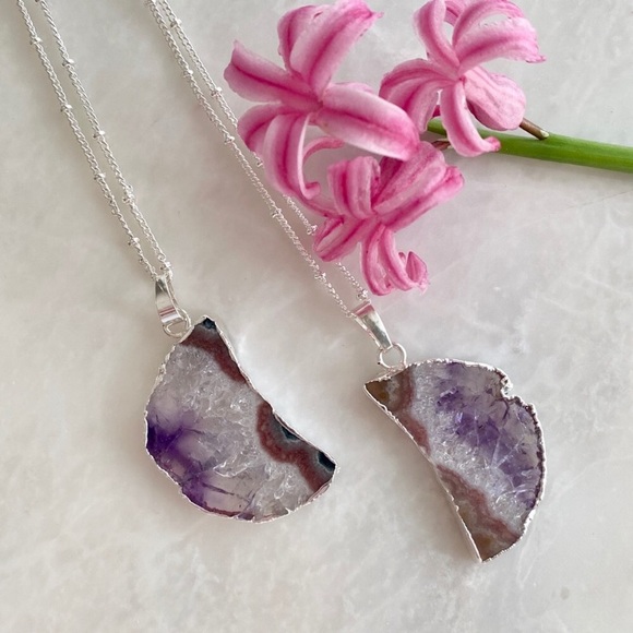Raw Amethyst Slice Silver Moon Pendant Necklace - Picture 6 of 6